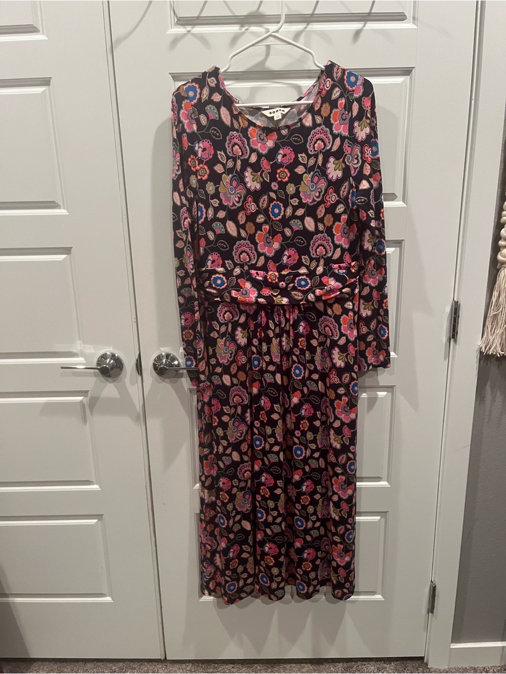 Boden Black Maxi Dress with Pink, Red and Blue Floral Print